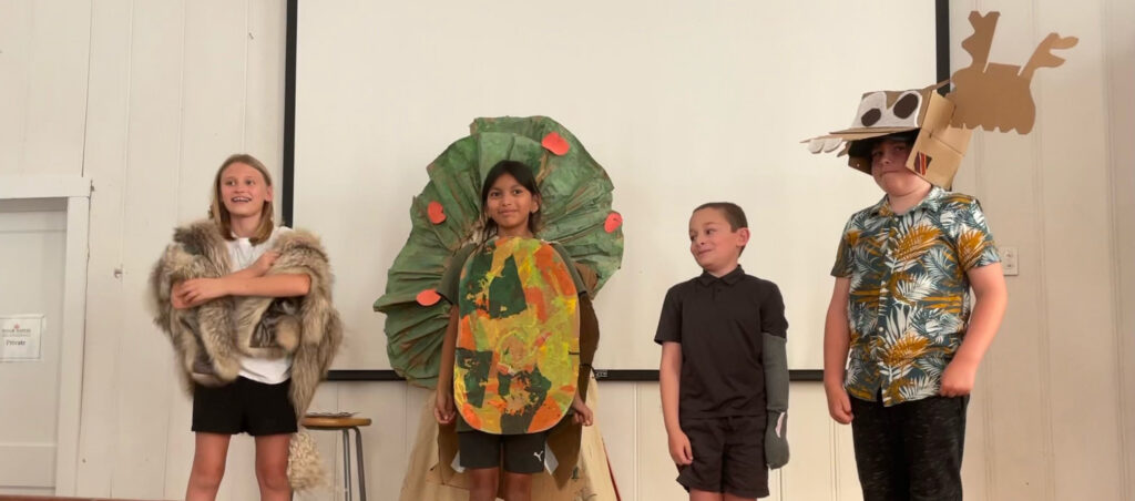 children in costumes perform on stage